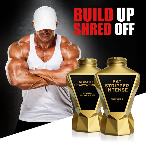 LA Muscle Build up and shred off stack, LA Muscle Norateen Heavyweight 2 powerful muscle builder and Fat Stripper Intense rapid weight loss. Image of a fit muscular man