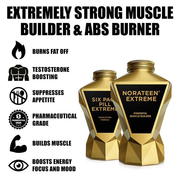 LA Muscle Extreme Definition stack Norateen Extreme powerful muscle builder and Six Pack Pill Extreme rapid action formula, burns fat off, testosterone boosting, suppresses appetite, pharmaceutical grade, builds muscle, boosts energy focus and mood