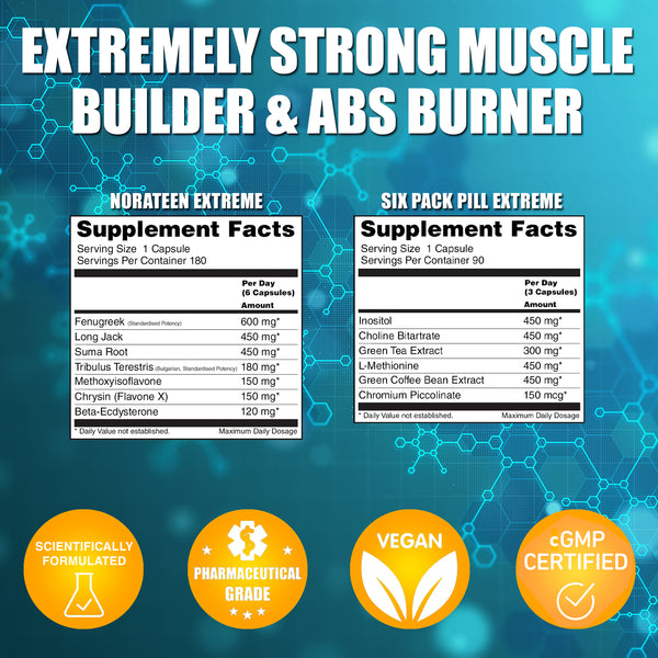 LA Muscle Extreme definition stack, extremely strong muscle builder and abs burner. Norateen Extreme supplement facts fenugreek, long jack, suma root, tribulus terestris, methoxyisoflavone, crysin, beta-ecosterone. Six Pack Pill Extreme supplement facts