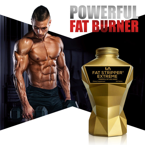 LA Muscle Fat Stripper Extreme powerful fat loss agent, powerful fat burner. Image of a fit and muscular man