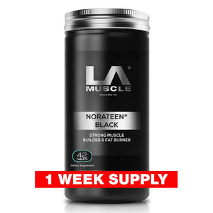 LA Muscle Norateen Black strong muscle builder and fat burner trial size 1 week supply.