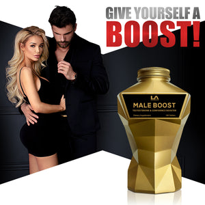 LA Muscle Male Boost, testosterone and confidence booster. Give yourself a boost. Image of a man and woman