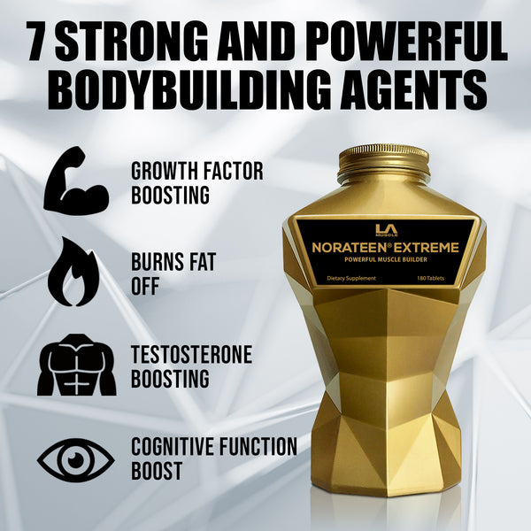 LA Muscle Norateen Extreme Powerful Muscle Builder, 7 strong and powerful bodybuilding agents, growth factor boosting, burns fat, testosterone and cognitive function boosting