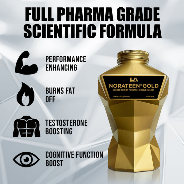 LA Muscle Norateen Gold limited edition powerful muscle builder, full pharma grade scientific formula, performance enhancing, burns fat off, testosterone boosting, cognitive function boost