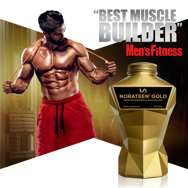 LA Muscle Norateen Gold limited edition powerful muscle builder. Men's Fitness best muscle builder. Image of a fit and muscular man