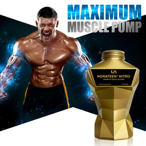 LA Muscle Norateen Nitro powerful muscle builder, maximum muscle pump. Image of a fit and muscular man.