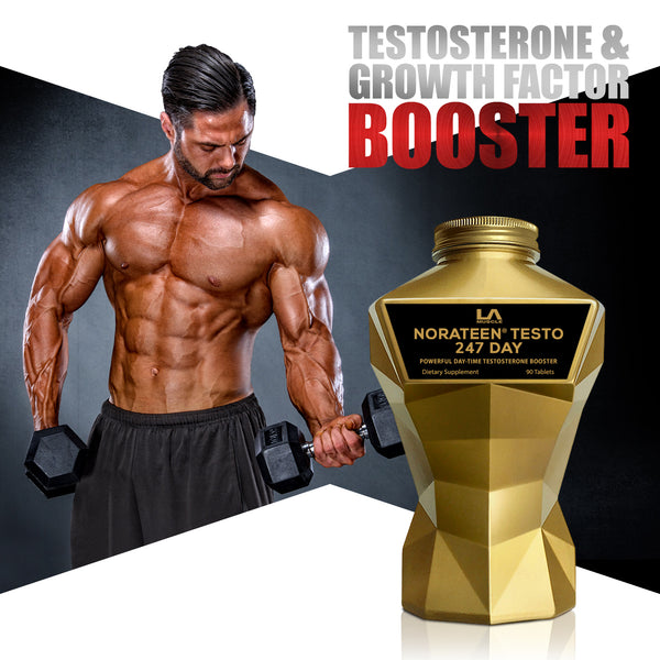 LA Muscle Norateen Testo 247 Day powerful daytime testosterone booster. Testesterone and growth factor booster. Image of a fit and muscular man..