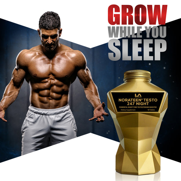 LA Muscle Norateen Testo 247 Night powerful night time testosterone booster. Grow while you sleep. Image of a fit and muscular man.