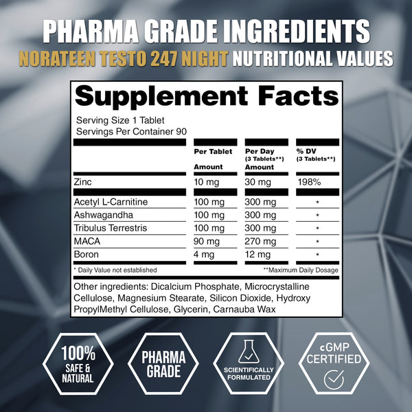 LA Muscle Norateen Testo 247 Night. Pharma Grade ingredients, nutritional values supplement facts. Zinc, Acetyl L-Carnitine, Ashwagandha, Tribulus Terrestris, MACA, Boron.