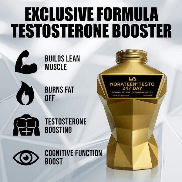 LA Muscle Norateen Testo 247 Day, powerful daytime testosterone booster. Exclusive formula testosterone booster. Builds lean muscle, burns fat off, testosterone boosting, cognitive function boost.