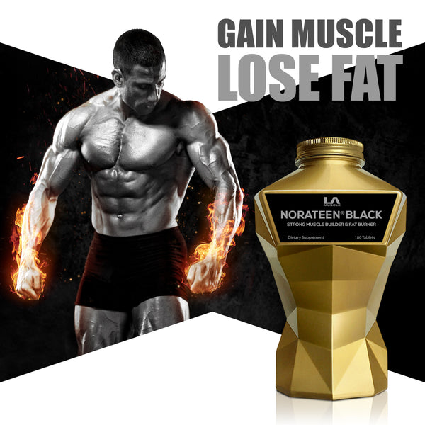 LA Muscle Norateen Black Strong Muscle Builder, gain muscle lose fat. Image of a fit and muscular man