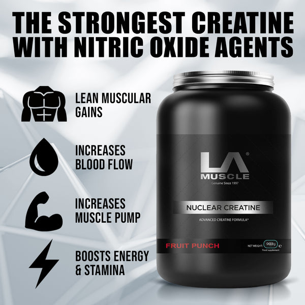 LA Muscle Nuclear Creatine advanced creatine formula. The strongest creatine with Nitric Oxide agents. Lean muscular gains, increases blood flow, increase muscle pump, boosts energy and stamina.