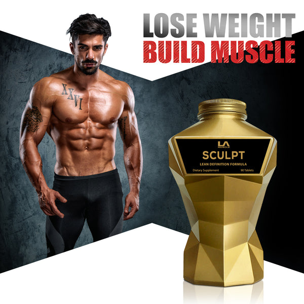 LA Muscle Sculpt lean definition formula. Lose weight, build muscle. Image of a fit and muscular man.