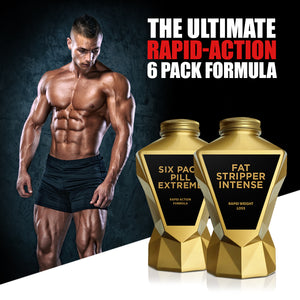LA Muscle Six Pack Extreme Max Intensity. LA Muscle Sic Pack Extreme Rapid action formula, LA Muscle Fat Stripper Intense Rapid Weight Loss. The ultimate rapid action 6 pack formula. Image of a fit and muscular man.