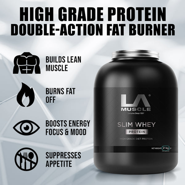 LA Muscle Slim Whey protein, high grade diet protein, double action fat burner. Builds lean muscle, burns fat off, boosts energy focus and mood, suppresses appetite.