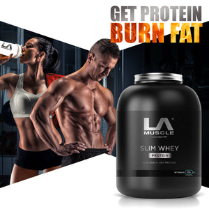 LA Muscle Slim Whey protein, high grade diet protein, chocolate flavour. Get protein burn fat. Image of a fit and muscular man and woman.