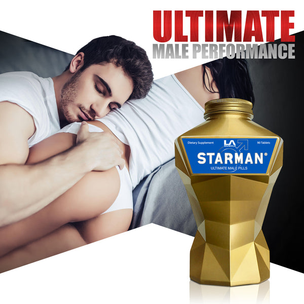 LA Muscle Starman Ultimate Male Pills. Ultimate male performance. Image of a man and woman embracing.