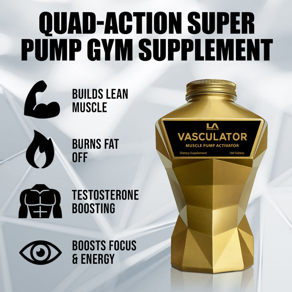 LA Muscle Vasculator muscle pump activator. Quad action super pump gym supplement. Builds lean muscle, burns fat off, testosterone boosting, boosts energy focus and mood.