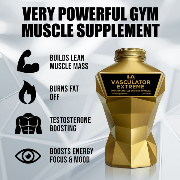 LA Muscle Vasculator Extreme, powerful muscle building formula. Very powerful gym muscle supplement. Builds lean muscle mass, burns fat off, testosterone boosting, boosts energy focus and mood.