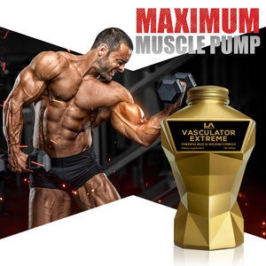 LA Muscle Vasculator Extreme, powerful muscle building formula. Maximum muscle pump. Image of a fit and muscular man.