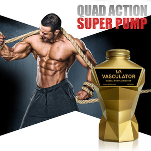 LA Muscle Vasculator muscle pump activator. Quad action super pump. Image of a fit and muscular man.